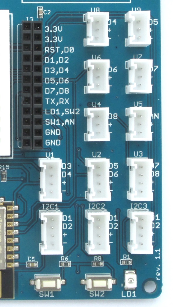2x12 female header and grove connectors provide access to the ESP12E I/O pins and the user switches and LED